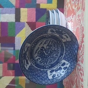 CHINOISERIE FISH MOTIF BLUE & WHITE RICE/SAUCE BOWLS SET 4